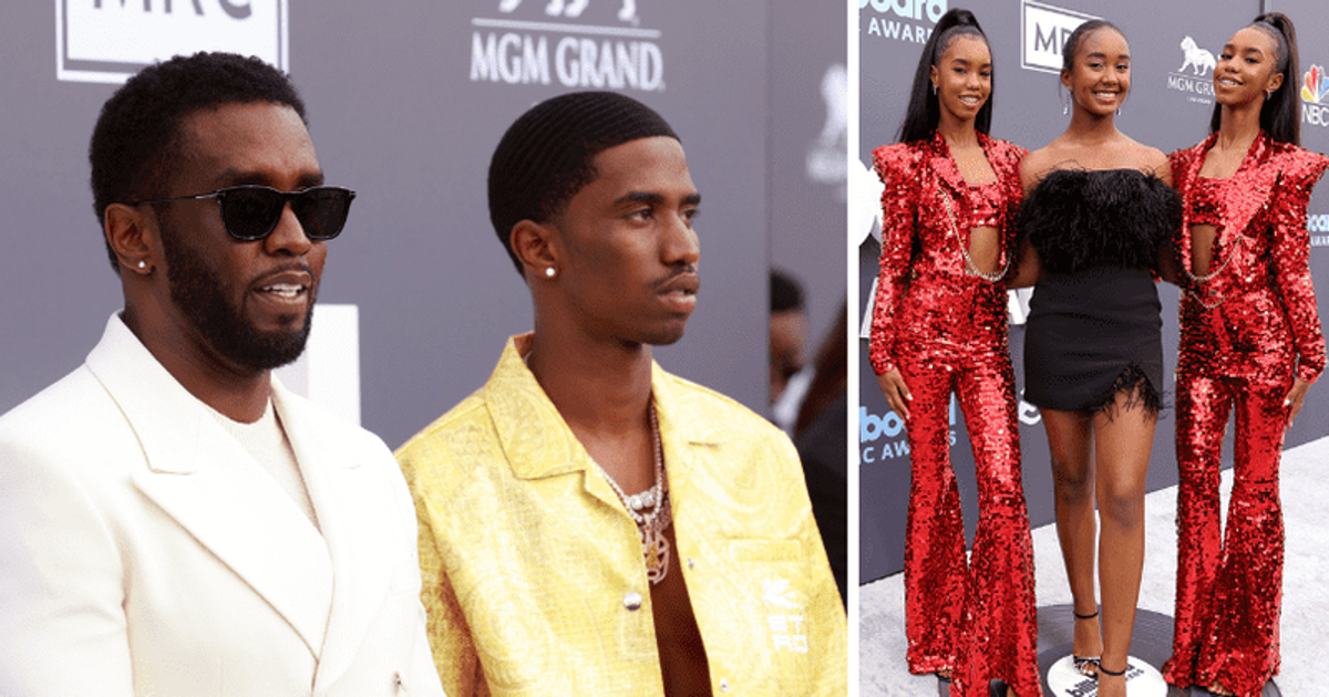 Diddy was supported by his children — Christian Combs (left) and daughters D’Lila Star, Jesse James, and Chance Combs — on the BBMAs red carpet (Getty Images)