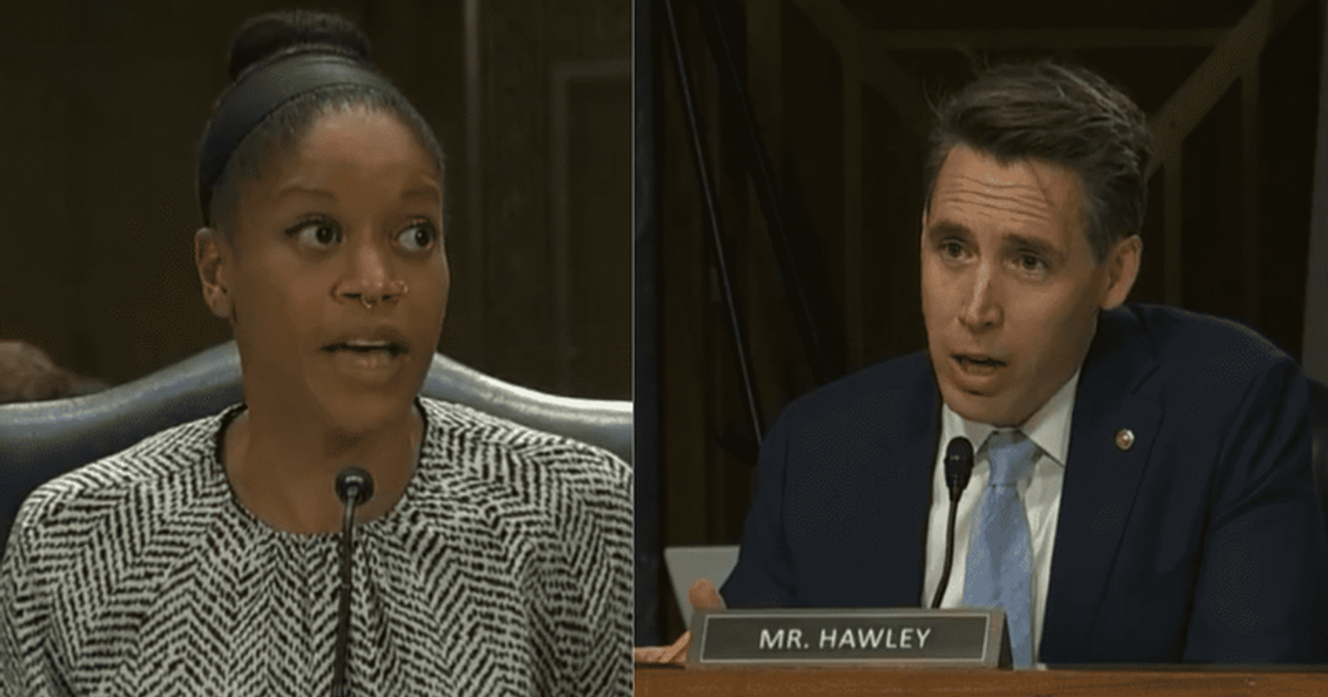 Law professor Khiara Bridges (L) got into a heated argument with Senator Josh Hawley (R) after he said that only women could get pregnant (Credits: video screenshot CSPAN/Twitter)