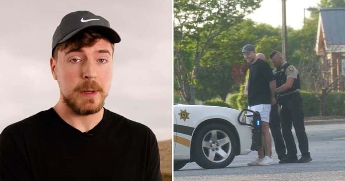 Rumors about MrBeast being arrested circulated on social media after images of a cop detaining the YouTuber went viral (MrBeast/YouTube, Airrack/YouTube)