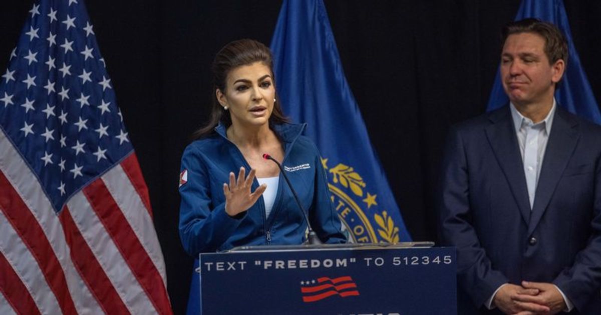 Florida First Lady Casey DeSantis speaks alongside her husband Republican presidential candidate Florida Gov Ron DeSantis during a stop on his Our Great American Comeback Tour on June 1, 2023, in Laconia, New Hampshire (Scott Eisen/Getty Images)