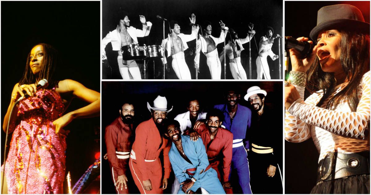 (Clockwise from left): Rose Norwalt of Rose Royce (Photo by Max Redfern/Redferns); Tavares (Photo by Michael Ochs Archives/Getty Images); Carolyn Griffey of Shalamar (Photo by Brigitte Engl/Redferns); Kool & The Gange (Photo by GAB Archive/Redferns)