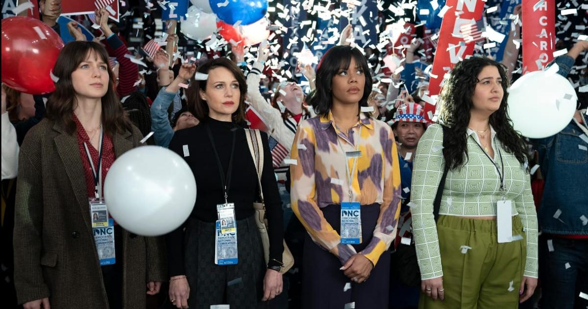 Carla Gugino, Melissa Benoist, Natasha Behnam, and Christina Elmore in a still from ‘The Girls on the Bus’ (HBO Max)