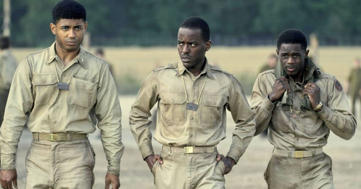 Branden Cook, Ncuti Gatwa, and Josiah Cross in a still from 'Masters of the Air' Episode 8 (AppleTV+)