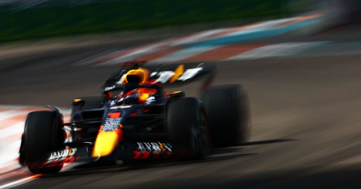 Max Verstappen driving the Red Bull RB18 during the F1 Grand Prix of Miami at the Miami International Autodrome on May 08, 2022. (Photo by Mark Thompson/Getty Images)