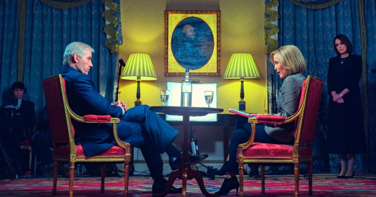 Gillian Anderson delivers a tour de force portrayal of Emily Maitlis, the seasoned anchor tasked with grilling Prince Andrew (Rufus Sewell) on live TV in Netflix's ‘Scoop’ (Netflix/@petermountain)