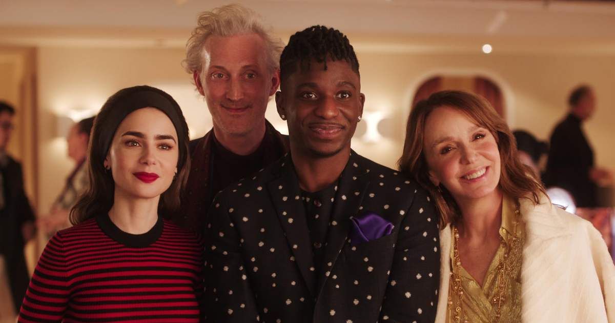 Philippine Leroy-Beaulieu, Bruno Gouery, Lily Collins, and Samuel Arnold in a still from 'Emily in Paris' (@netflix)