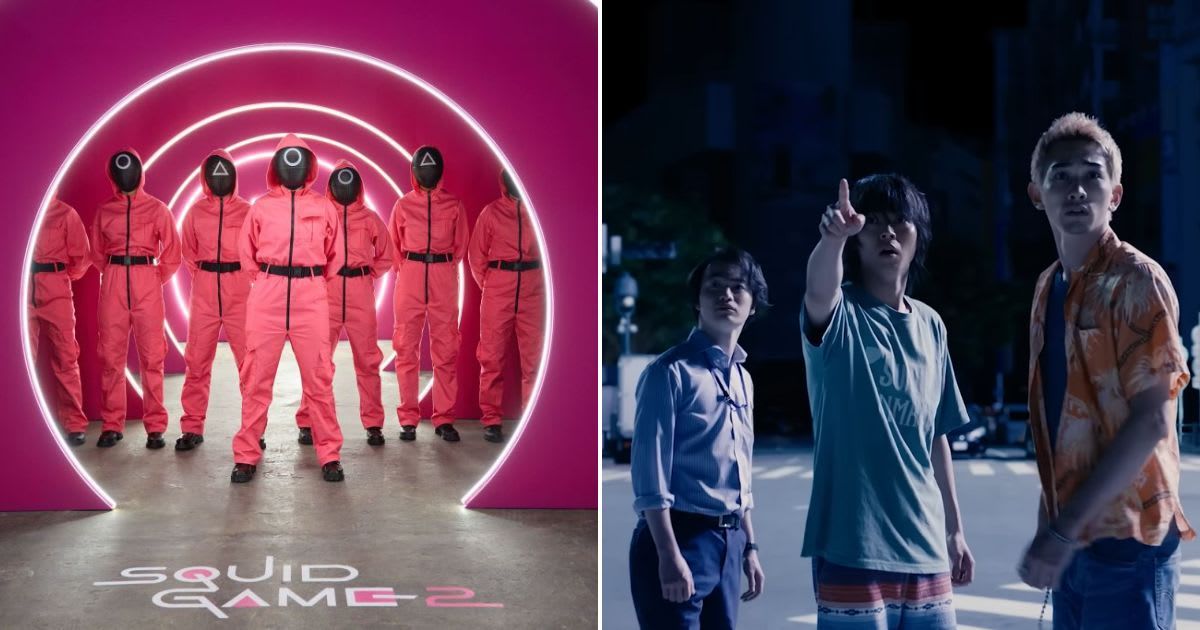 (L) Mascots pose at the experiential launch event for Squid Game S2 on Dec 12, 2024. (R) A screenshot of the lead characters from Alice in Borderland. (Image Source: (L) Getty Images | Photo By Sebastian Reuter (R) YouTube | Netflix)