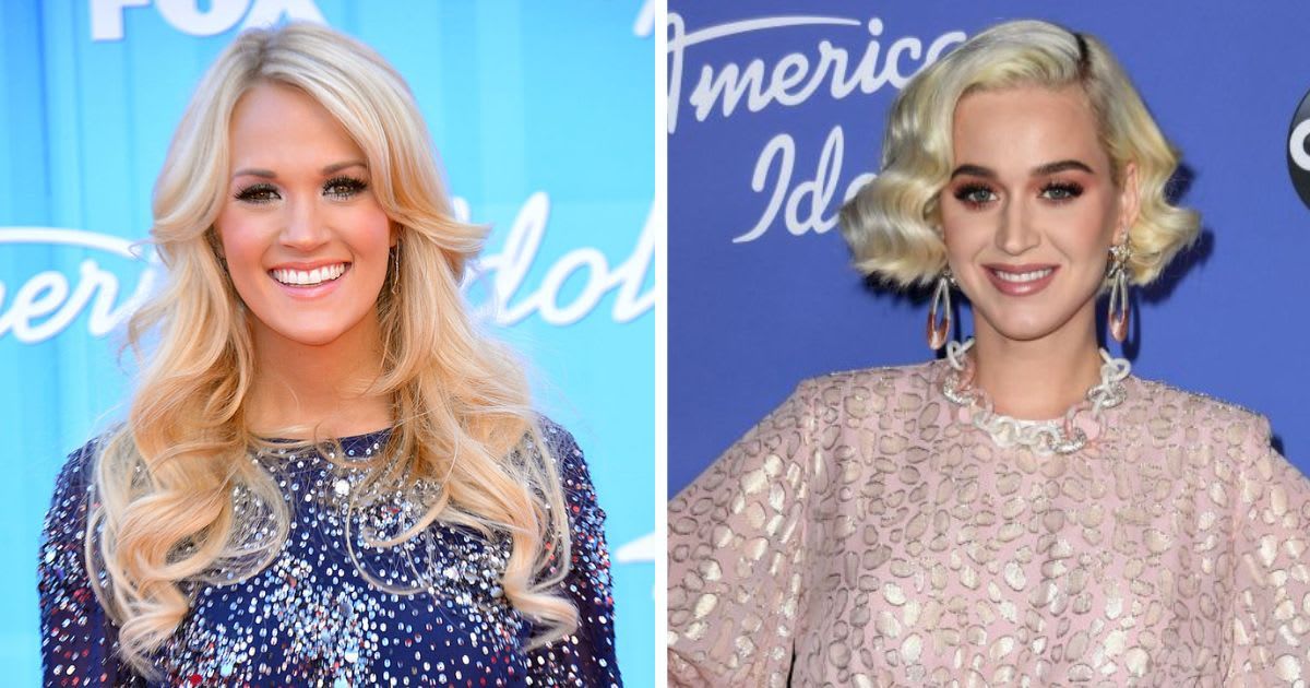 (L) Carrie Underwood at 'American Idol' on May 23, 2012, in LA, California; (R) Katy Perry at 'American Idol' on February 12, 2020, in Hollywood, California. Cover Image Source: Getty Images| (L) Photo by Alberto E. Rodriguez; (R) Jon Kopaloff