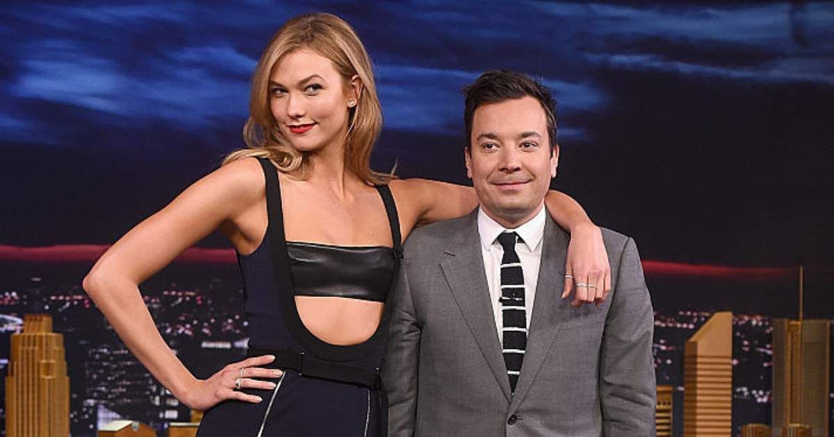 Jimmy Fallon and Karlie Kloss during the Mid-air Modeling segment on 'The Tonight Show Starring Jimmy Fallon' at NBC Studios on May 26, 2016, in New York City. (Image Source: Getty Images | Photo by Jamie McCarthy)