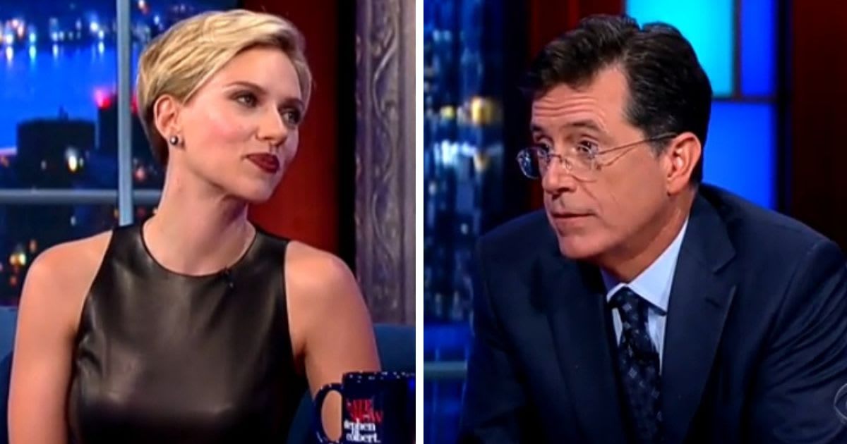 Scarlett Johansson and Stephen Colbert on 'The Late Show With Stephen Colbert September 2015. (Cover Image Source: YouTube| The Late Show With Stephen Colbert)