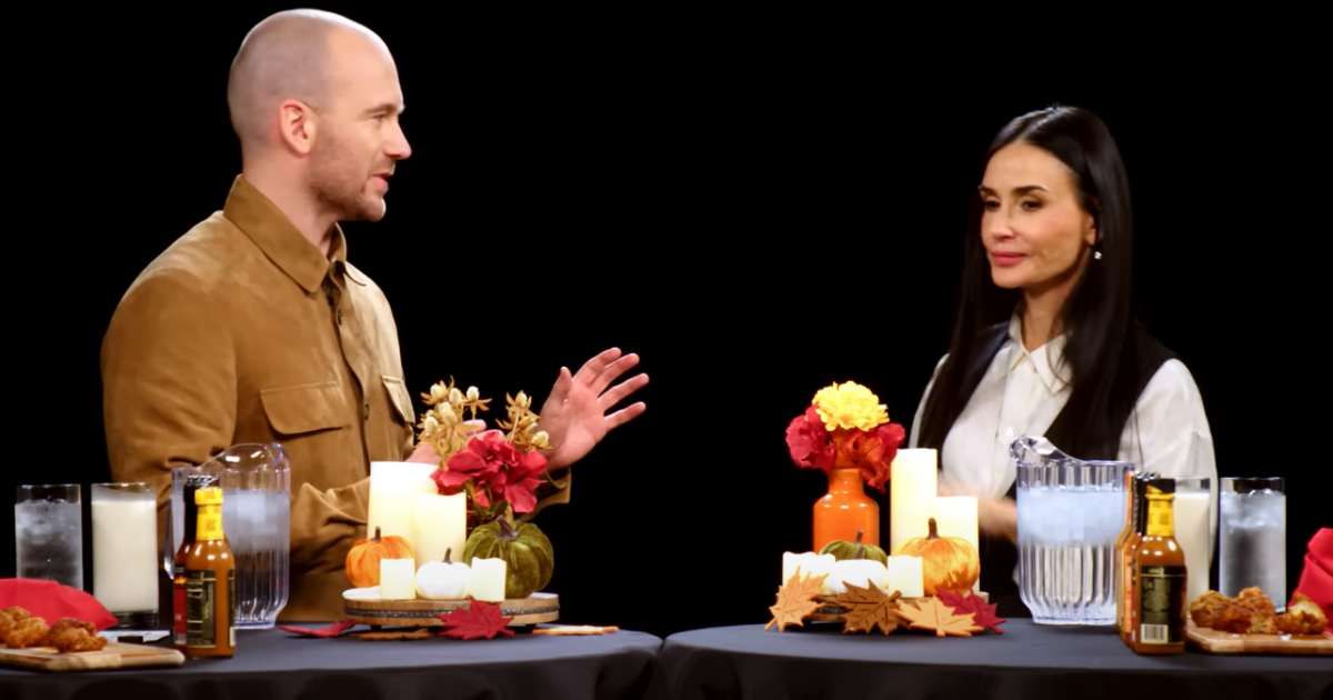 A screenshot of Demi Moore on 'Hot Ones'. (Cover Image Source: YouTube | First We Feast)