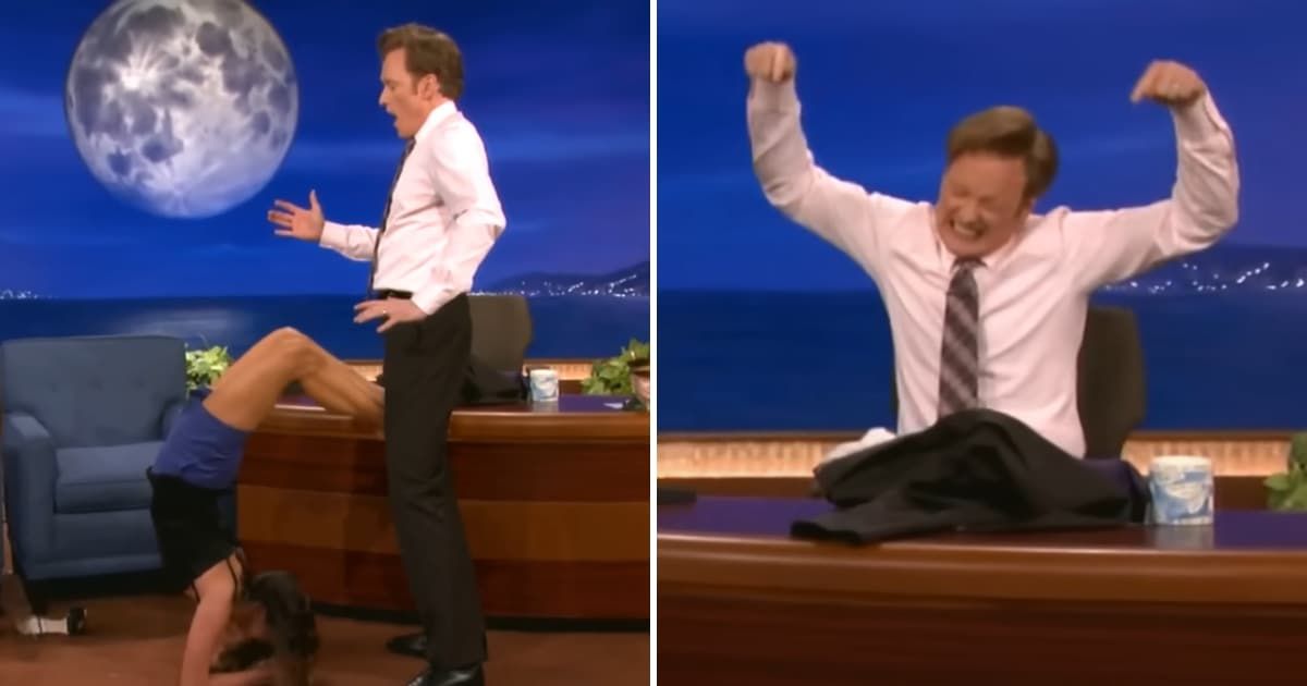 (L & R) Screenshot of Nina Dobrev and Conan O'Brien from the show 'The Conan O'Brien Show.' (Cover Image Source: YouTube | The Conan O'Brien Show