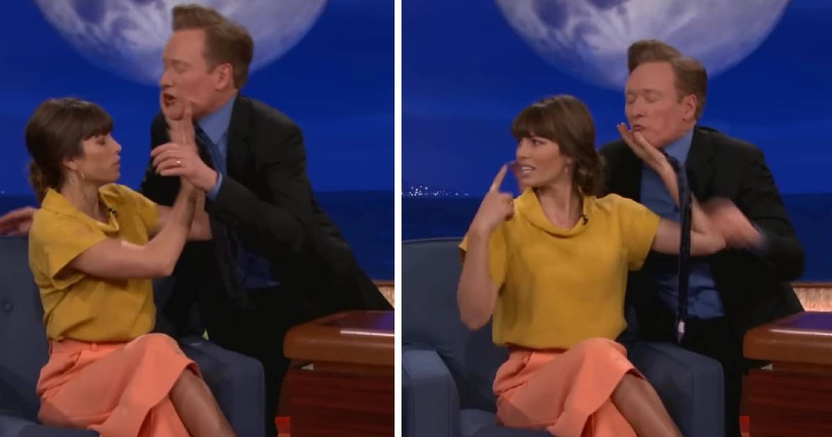 (L & R) Screenshot of Jessica Biel and Conan O'Brien from the latter's show. (Cover Image Source: YouTube | The Conan O'Brien Show)