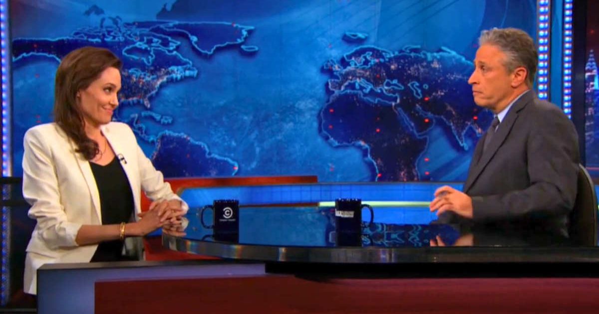 Screenshot of Angelina Jolie and Jon Stewart from 'The Late Show' (Cover Image Source: YouTube | Comedy Central UK)