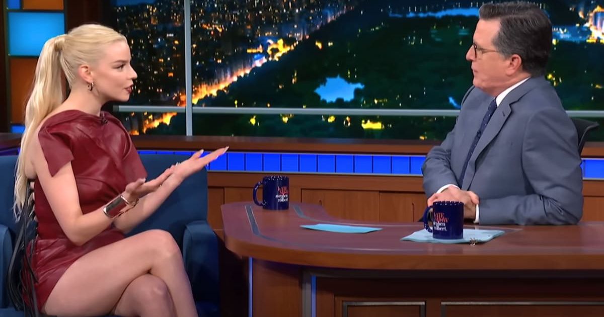 A screenshot of Anya Taylor-Joy and Stephen Colbert from a 2024 episode of 'The Late Show with Stephen Colbert' (YouTube | The Late Show with Stephen Colbert)