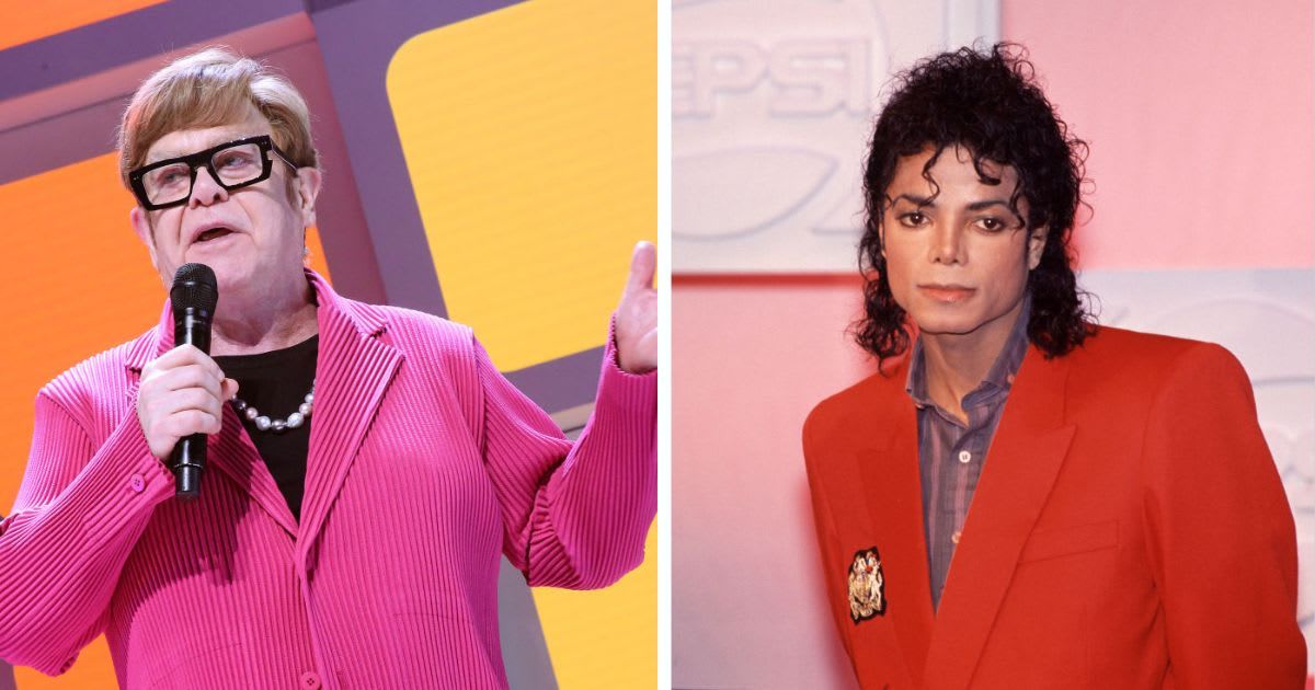 Elton John on Broadway at The Palace Theatre on November 14, 2024, in NYC; (R) Michael Jackson dressed in a red blazer, NY, 1988 (Cover Image Source: Getty Images| Photo by Bruce Glikas; (R) Photo by Rita Barros)