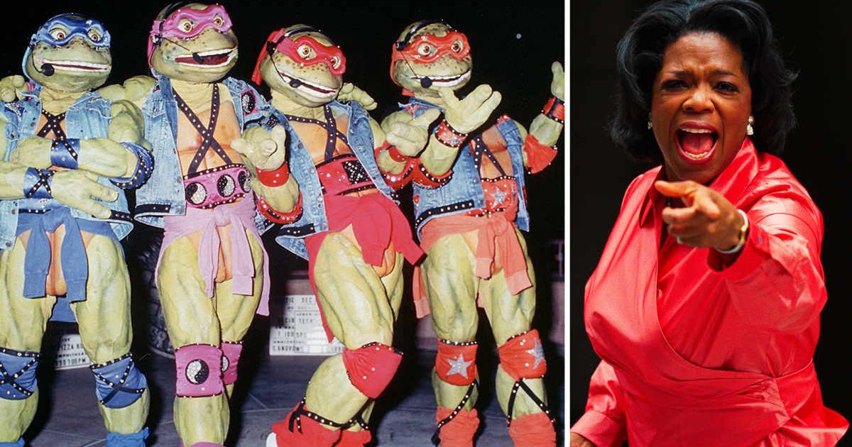 (L) The Teenage Mutant Ninja Turtles, circa 1992. (R) Oprah Winfrey in Red outfit pointing and posing in NYC on June 28, 2000. (Cover Image Source: Getty Images | Photo by (L) Kypros; (R) Lawrence Schwartzwald)