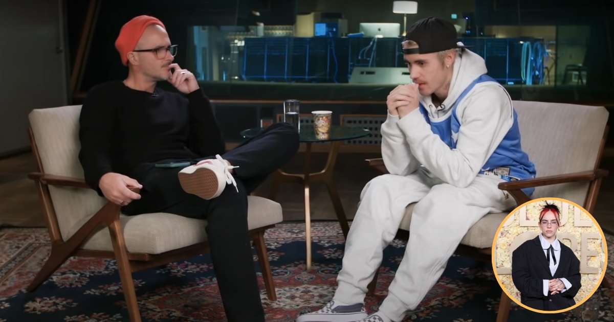 A screenshot of Zane Lowe and Justin Bieber from an interview; (inset) Billie Eilish attends the 81st Annual Golden Globe Awards (Cover Image Source: YouTube | Apple Music; (inset) Getty Images | Photo by Kevin Mazur)