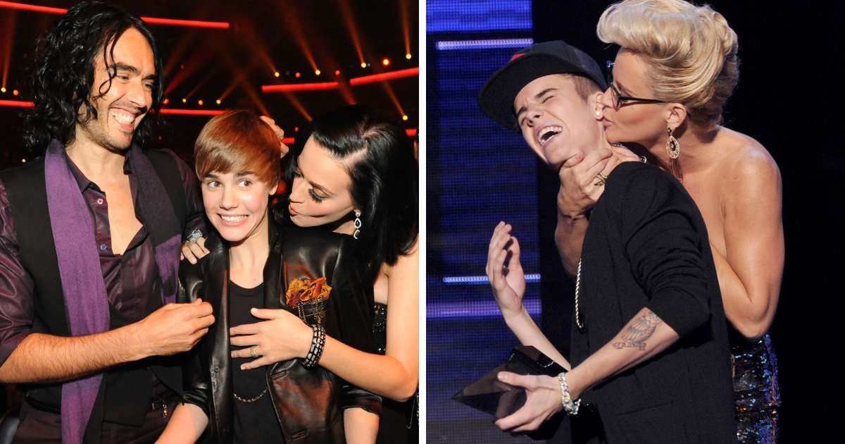 (L) Justin Bieber along with Katy Perry and Russell Brand; (R) A phot of Bieber and Jenny McCarthy, from 'American Music Awards' (Cover Image Source: (L) Getty Images | Photo Jeff Kravitz/AMA2010; (R) Getty Images | Kevin Winter)