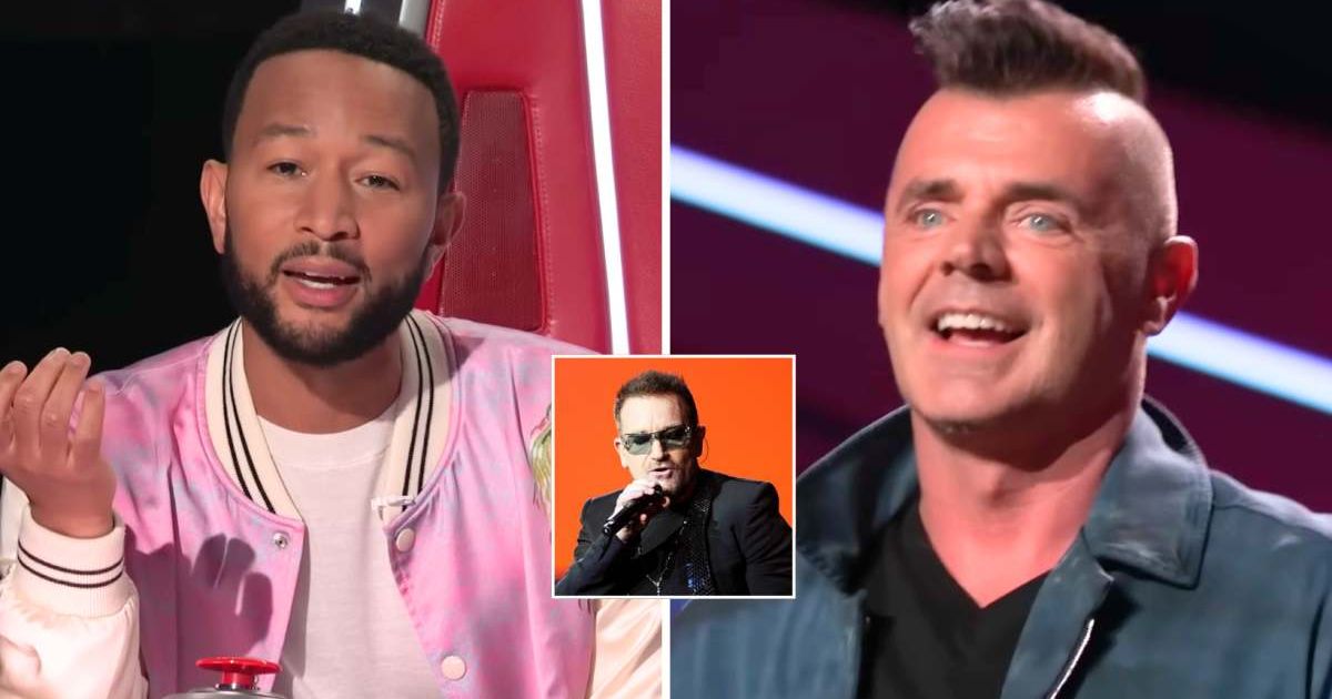 A screenshot of John Legend (L)  and Bryan Olesen (R) from 'The Voice'; Bono of U2 at the Brit Awards 2009 at London, England (Inset) (Cover Image Source: YouTube | The Voice (L-R);  (Inset) Getty Images | Dave Hogan)
