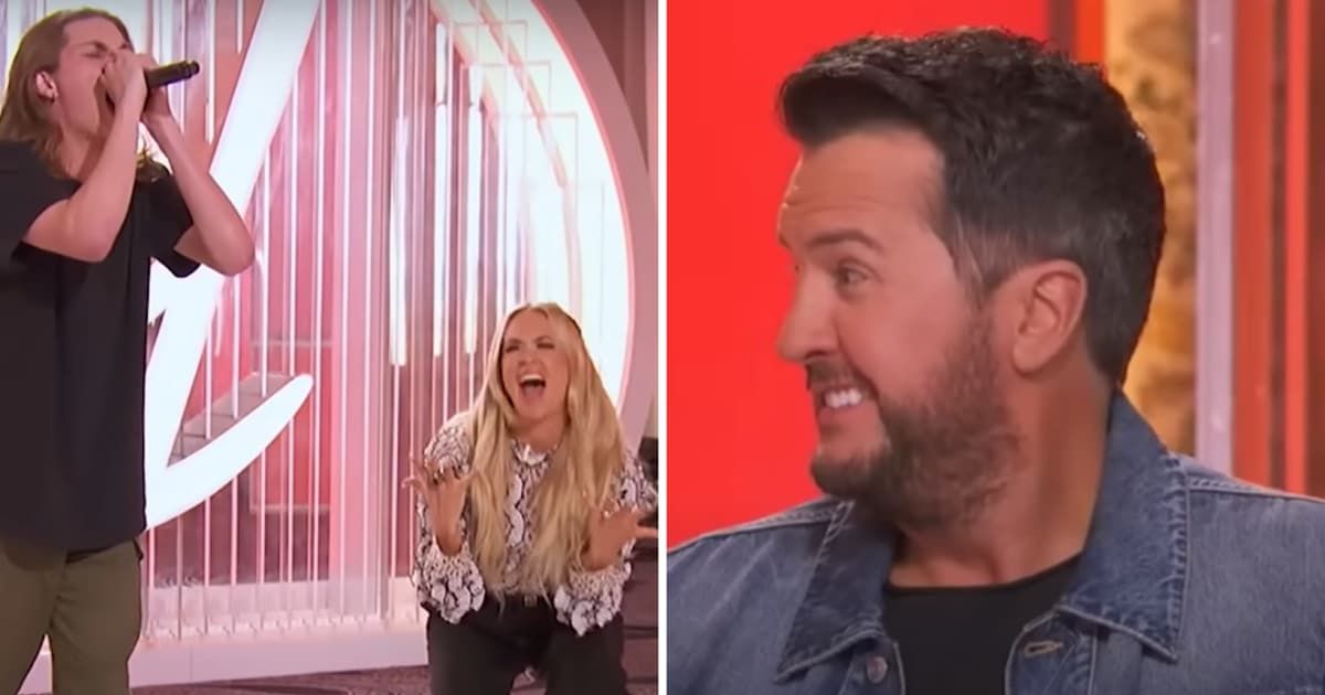 Screenshots of (R) Luke Bryan reacting to Carrie Underwood performing metal with contestant Kobyn Melton from 'American Idol' 2025 episode (Cover Image Source: YouTube| American Idol)