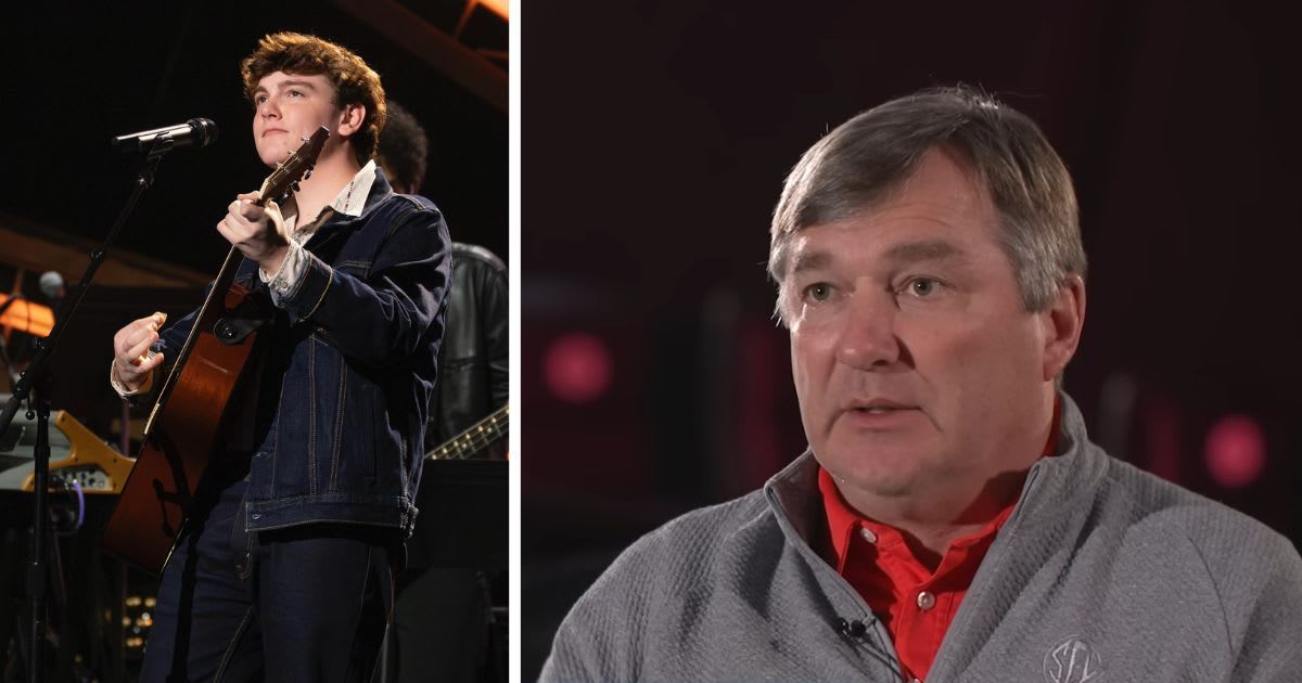 Slater Nalley posing for an Instagram post; (inset) Kirby Smart in an interview with Josh Pater (Cover image source: Instagram | @slaternalleymusic; (inset) YouTube | Josh Pate's College Football Show)