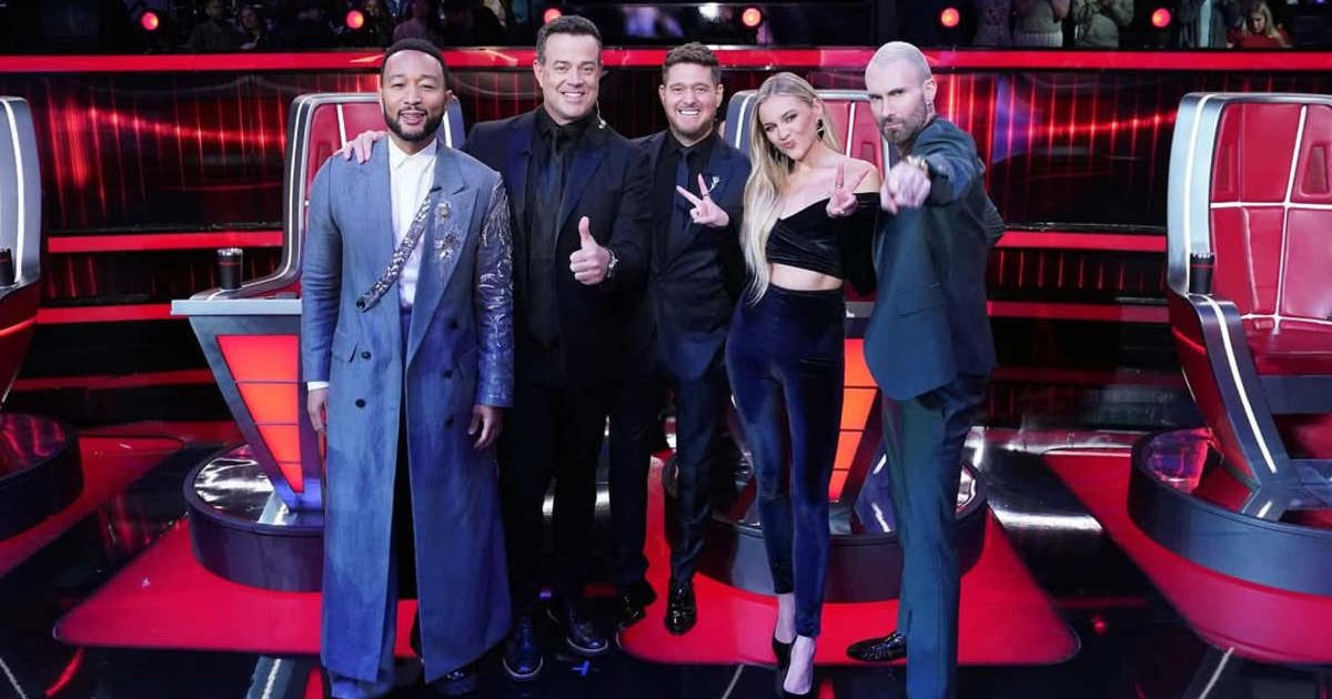 A still of John Legend, Carson Daly, Michael Bublé, Kelsea Ballerini, and Adam Levine from 'The Voice' (Cover Image Source: Instagram | @nbcthevoice)