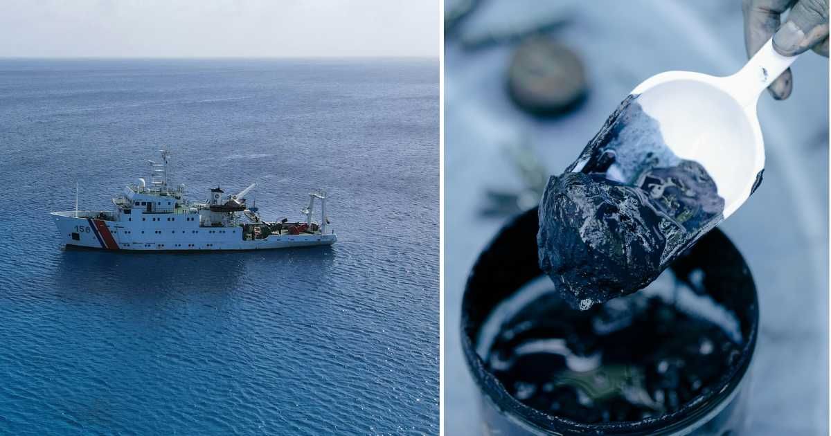 (L) Research vessel in the lake. (R) Tar-like substance. (Representative Cover Image Source: Pexels: (L) JohnEGo! | (R) Teona Swift)