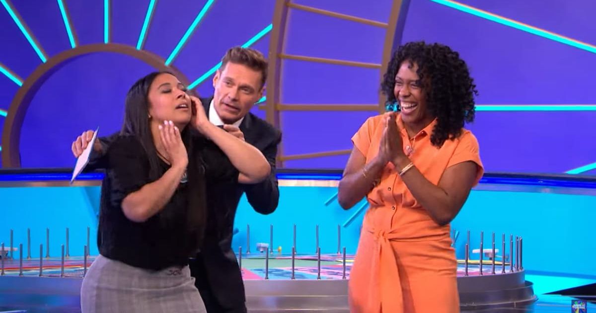 Screenshot of Ryan Seacrest, Samantha Hicks, and Makita (R) (Image Source: YouTube | Wheel of Fortune)