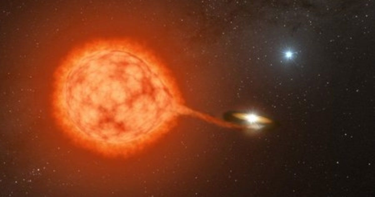 An illustration shows a vampire white dwarf feeding on a victim star, but did the star lurking in the background bring them together. (Cover Image Source: Caltech | R. Hurt (IPAC))