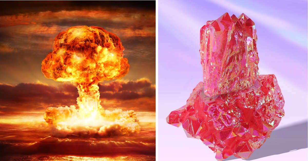 (L) Nuclear explosion. (R) Rare red crystalline structure. (Representative Cover Image Source: Getty Images | (L) RomoloTavani; (R) jacqylaw)