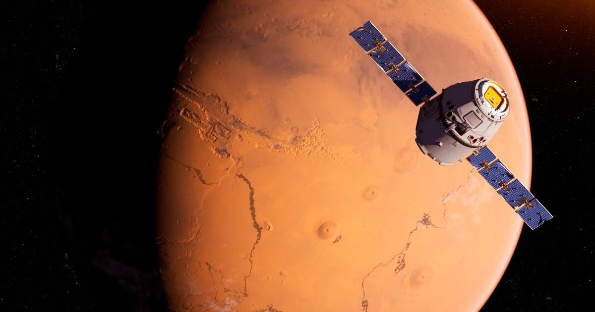 Illustration of a satellite in front of Mars. (Representative Cover Image Source: Getty Images | Photo by SCIEPRO/SCIENCE PHOTO LIBRARY)
