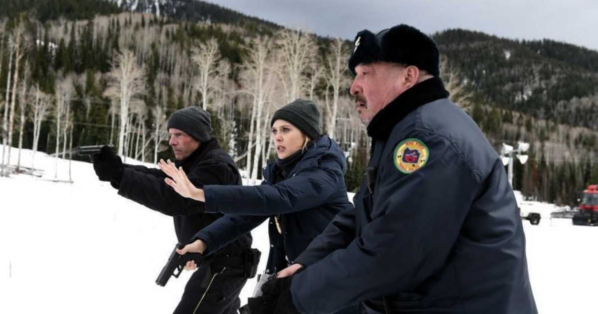 Graham Greene, Hugh Dillon, and Elizabeth Olsen in a production still from 'Wind River' (Image Source: The Weinstein Company | Photo by Fred Hayes