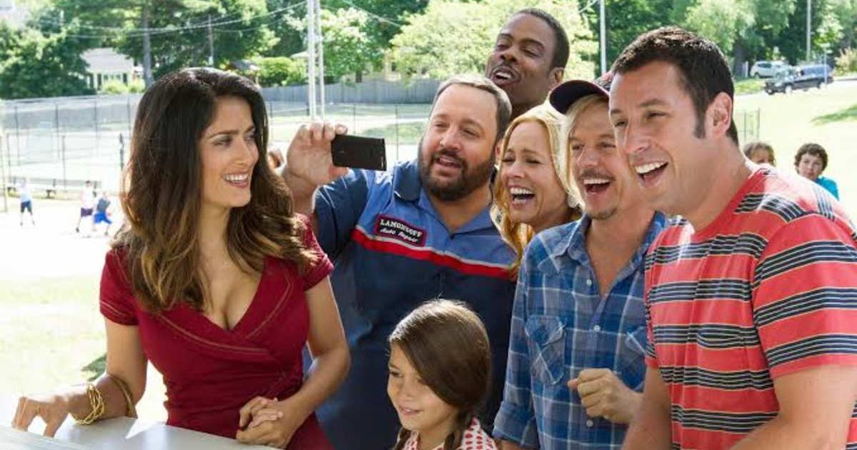 Salma Hayek, Kevin James, Chris Rock, Maria Bello, David Spade, Adam Sandler and Alexys Nicole Sanchez in 'Grown Ups 2' (Cover Image Source: Sony Pictures Entertainment | Photo by Tracy Bennett)