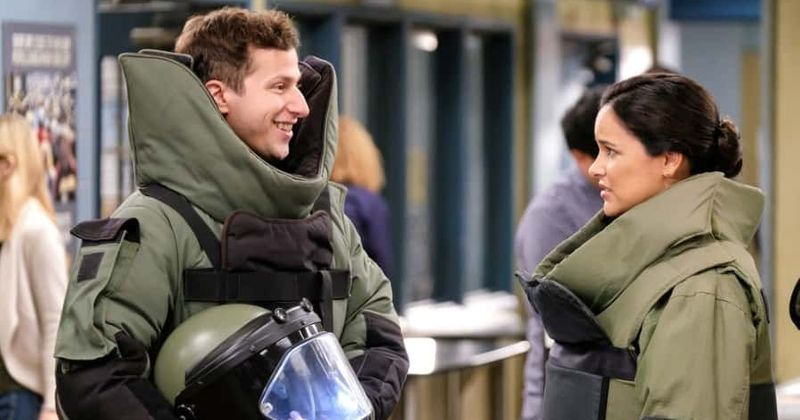 Andy Samberg as Jake Peralta and Melissa Fumero as Amy Santiago (NBC)