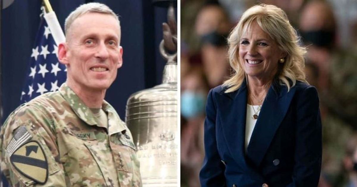 Gary Volesky (L) mocks Jill Biden (R) on Twitter (Joe Giddens - WPA Pool/Getty Images and Kyodo News Stills via Getty Images)