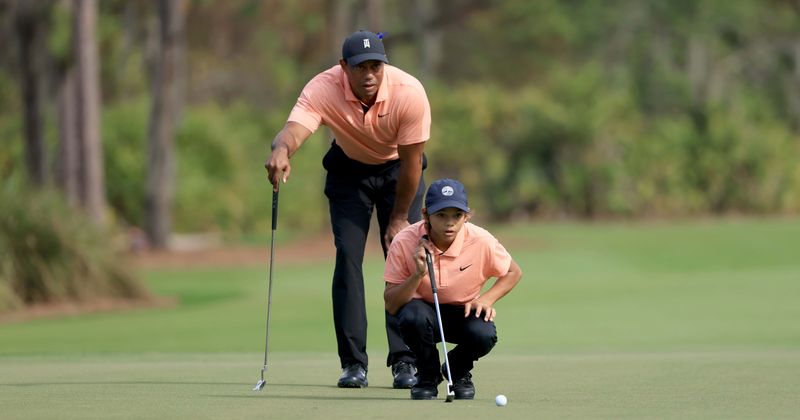 Tiger Woods says his son Charlie, 13, is already outdriving him on the golf course, dishes swing advice