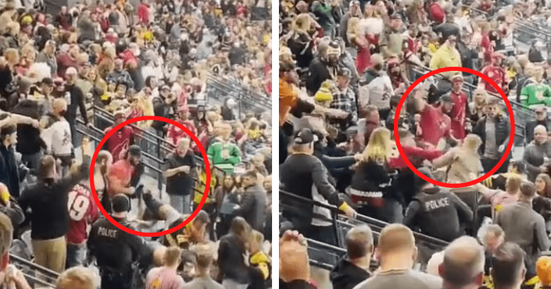 Rowdy fan punches woman hard and knocks her to the ground during nasty hockey brawl in Arizona