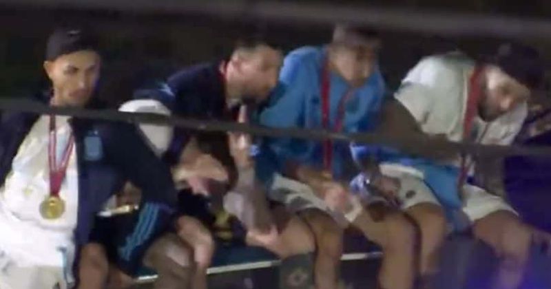 Lionel Messi and teammates narrowly avoid overhead cable during World Cup celebration atop open bus