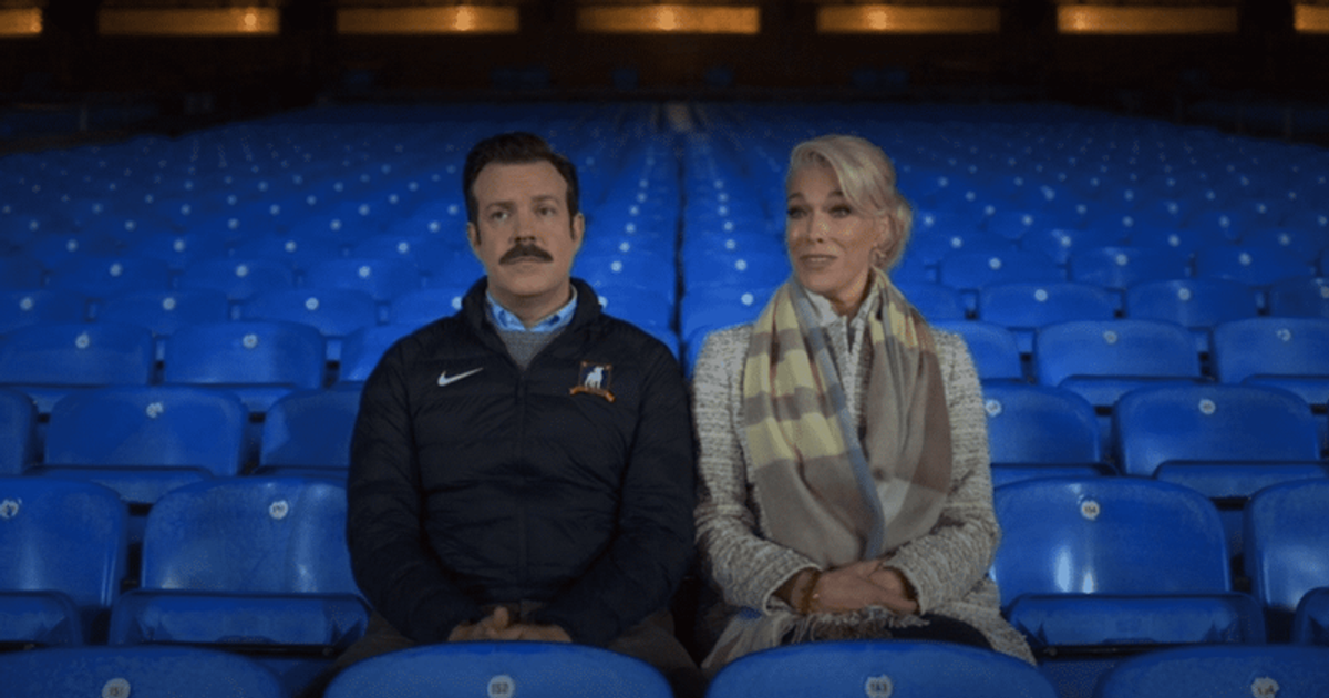 Jason Sudeikis as Ted Lasso and Hannah Waddingham as Rebecca Welton in &#39;Ted Lasso&#39; (Apple TV+)