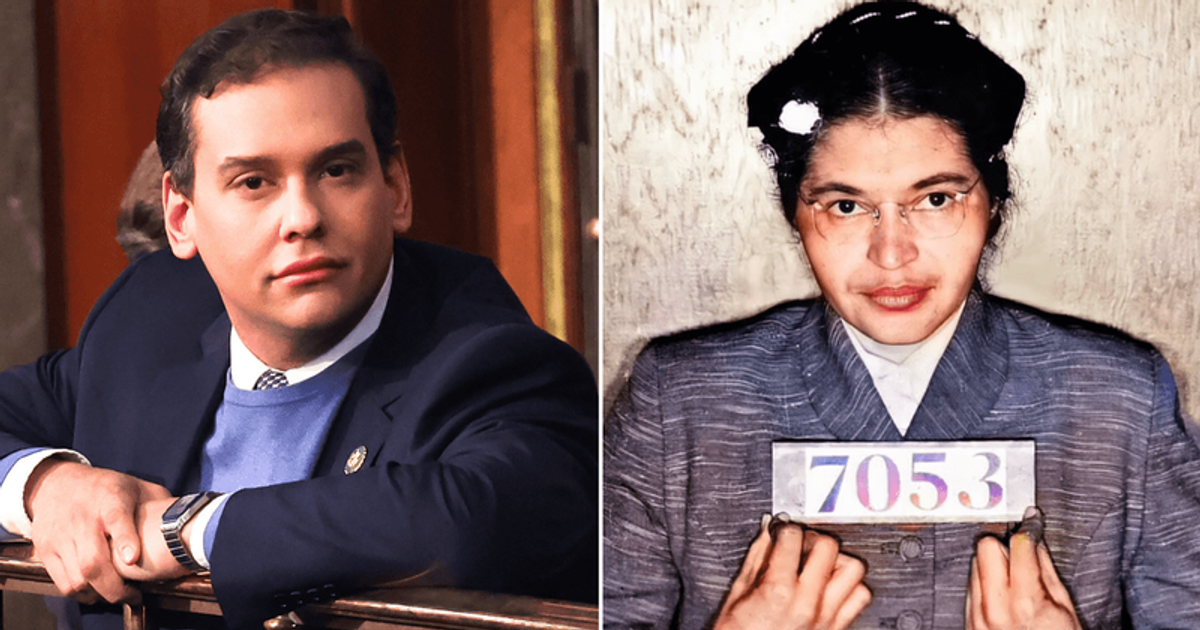 GOP Rep George Santos sparked controversy after comparing himself to Civil Rights icon Rosa Parks (R) in an interview (Win McNamee/Getty Images, Montgomery Police Department)