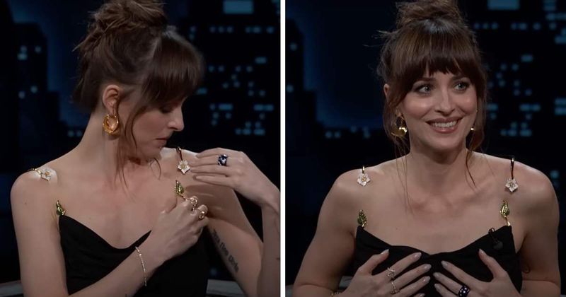 Dakota Johnson's dress 'fell off' on ‘Jimmy Kimmel Live’ and she handled it in the most Dakota Johnson way