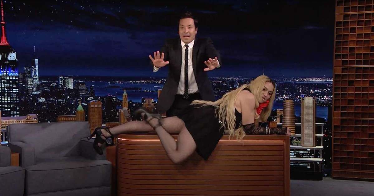 When Madonna's wild desk stunt had Jimmy Fallon begging her to behave: "Oh, my heavens. Stop it!"