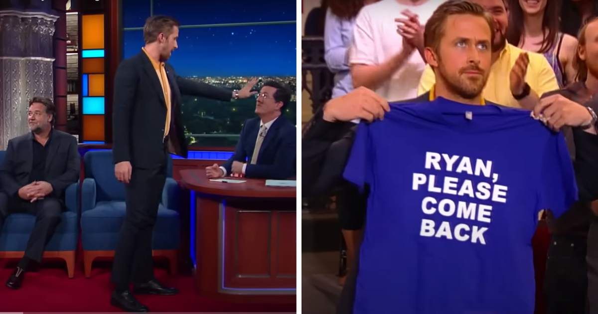 Ryan Gosling walks off Stephen Colbert’s show in dramatic fashion —and Russell Crowe is to blame