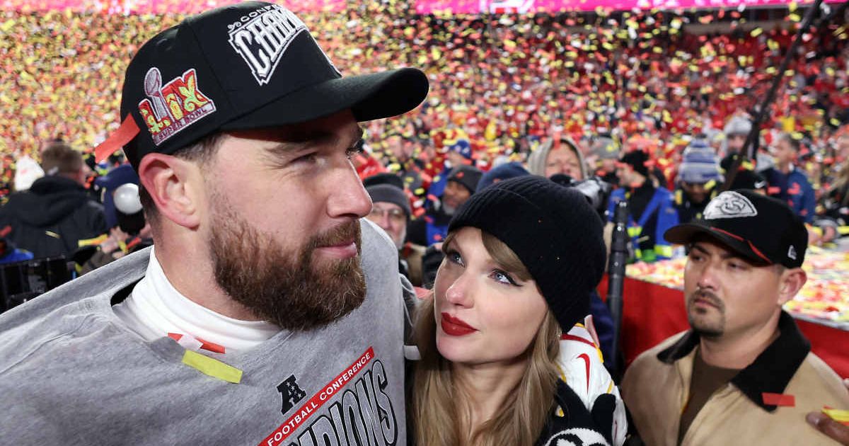 Travis Kelce celebrates with Taylor Swift after the Chiefs defeated the Buffalo Bills on January 26, 2025, in Kansas City, Missouri. (Cover Image Source: Getty Images | Photo by Jamie Squire)