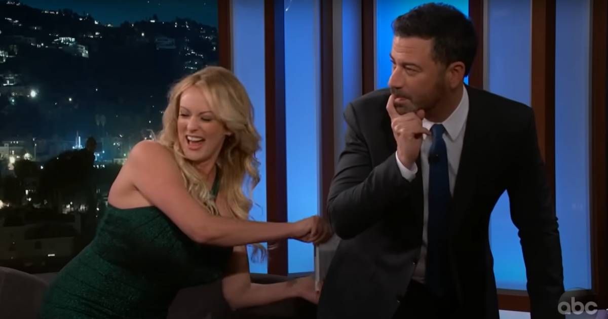 A  screenshot of Stormy Daniels and Jimmy Kimmel from a episode of 'Jimmy Kimmel Live!' (Cover Image Source: YouTube | Jimmy Kimmel Live)