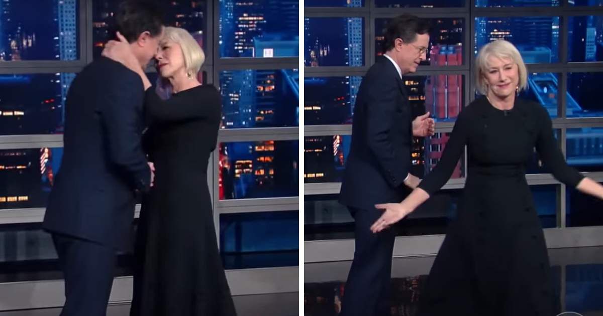 A screenshot of Stephen Colbert and Helen Mirren from an episode of 'The Late Show with Stephen Colbert' (Cover Image Source: YouTube | The Late Show with Stephen Colbert)
