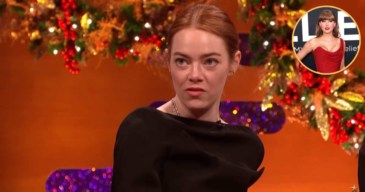 A screenshot of Emma Stone from an episode of 'The Graham Norton Show'; (inset) Taylor Swift attends the 67th Grammy Awards (Cover Image Source: YouTube | The Graham Norton Show; (inset) Getty Images | Photo by Frazer Harrison)