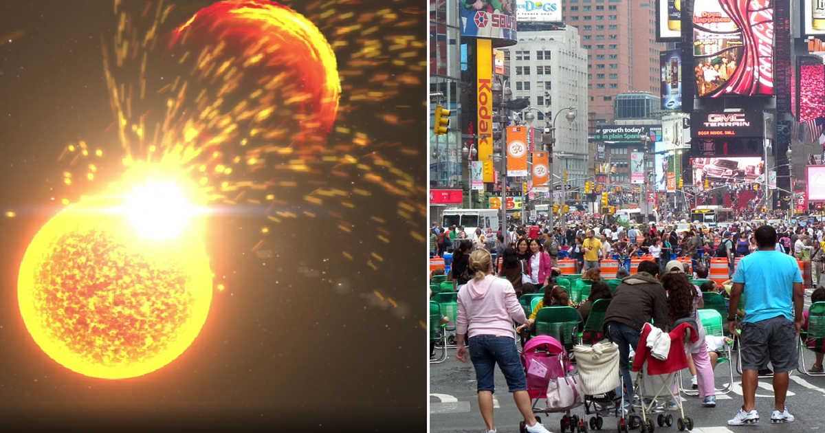 A radiation storm (L), Times Square (R) (Cover Image Source: NASA and Wikimedia Commons | Photo by NASA (L), Jim.henderson (R))