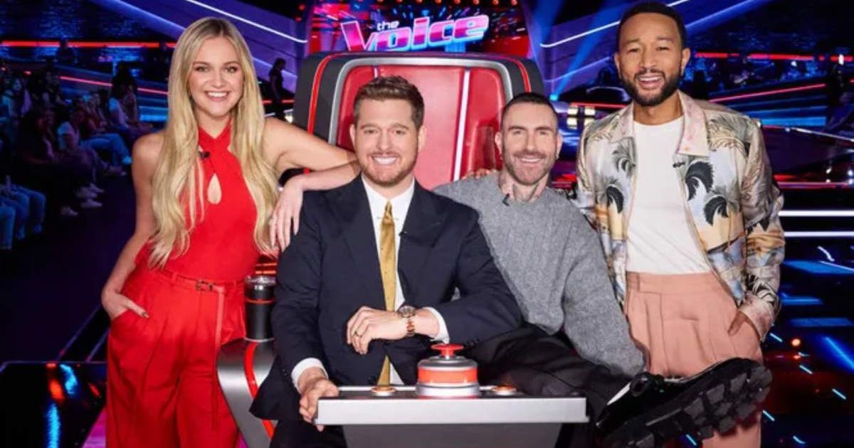 Kelsea Ballerini, Michael Buble, Adam Levine, and John Legend in a production still from 'The Voice' Season 27 (Cover Image Source: Instagram | @thevoice)